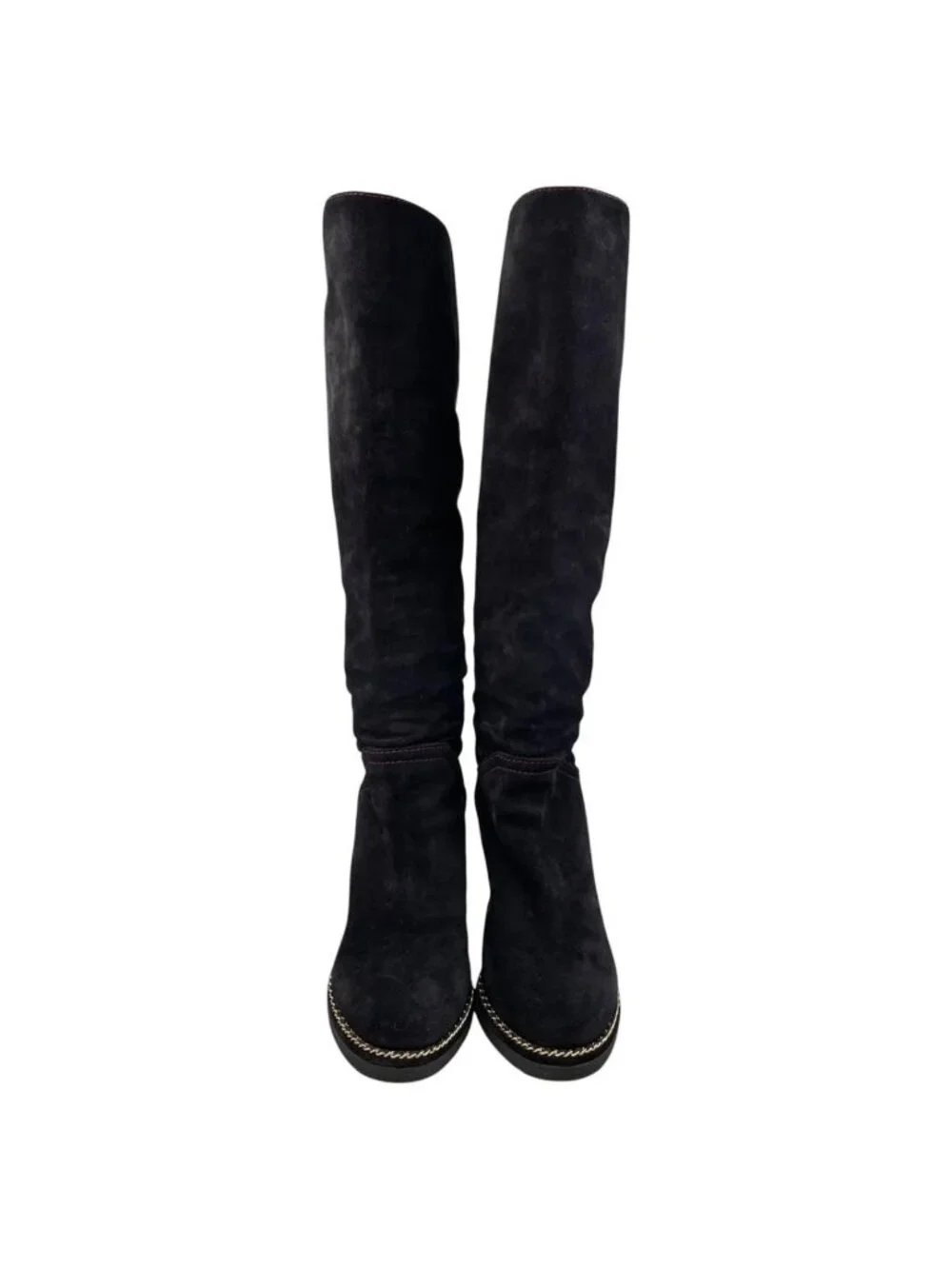 Chanel Long Boots CC Logo Chain Suede Black Gold 35.5